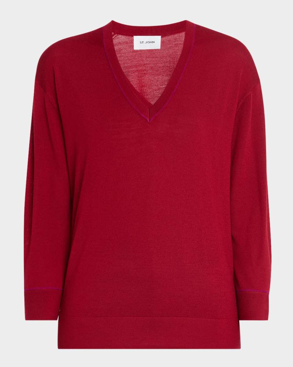 V-Neck Fine-Gauge Merino Knit Sweater With Crystal-Buttons